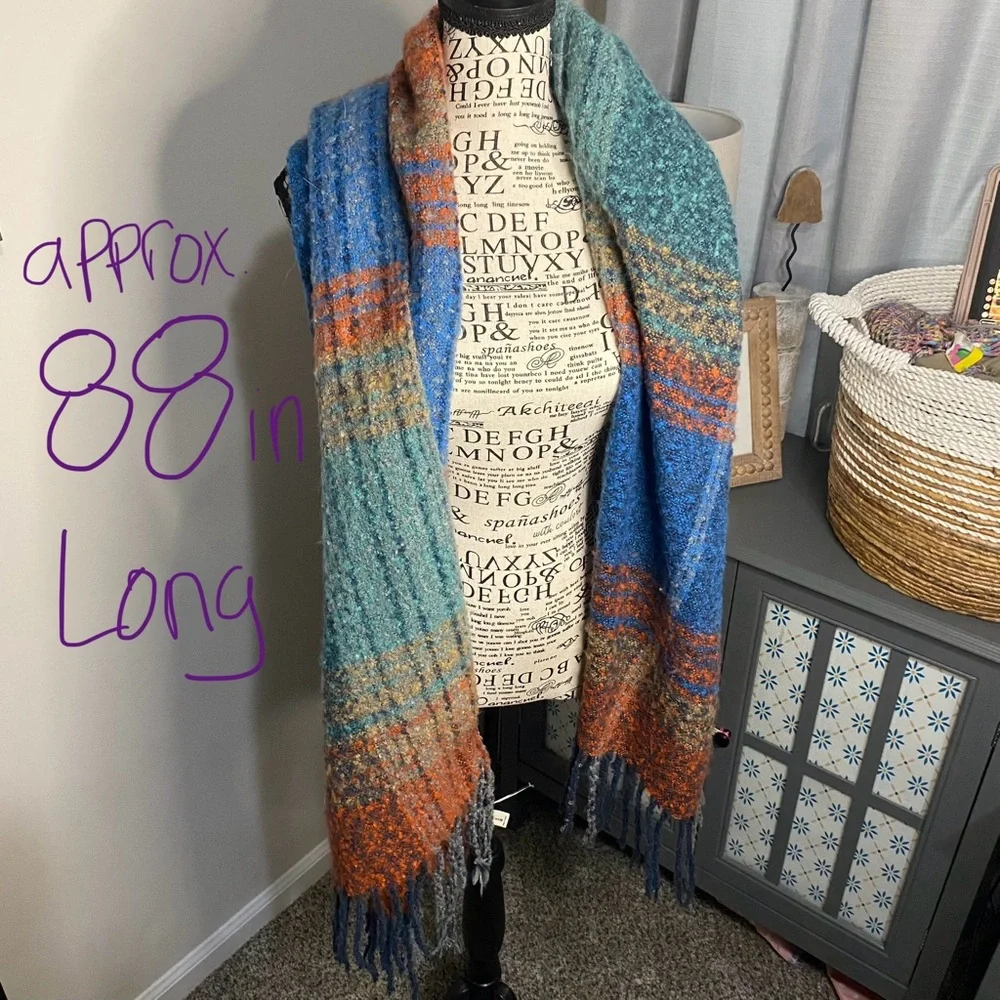 746 ruggine Colorful Plaid Knit blanket Scarf fringe rainbow plush